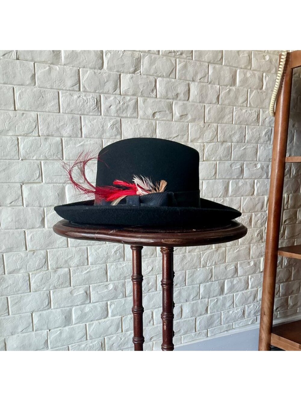 Vintage Georgi Newman Marcus Black Felt Feathered Hat with Bow Detail